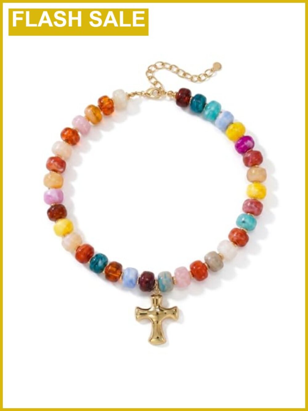 Chunky Beaded Cross Pendant Necklace Boho Statement Adjustable